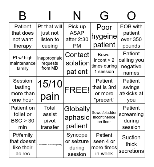 Patient Care Bingo Card