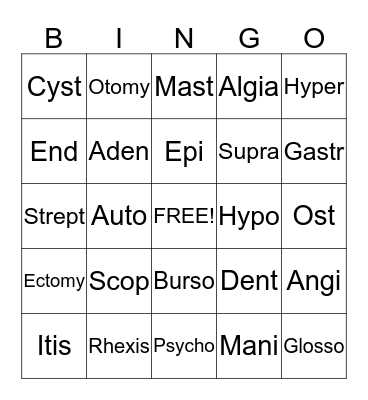 Medical Terminology Bingo Card