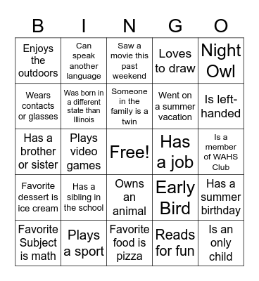 Getting To Know You Bingo Card