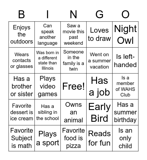 Getting To Know You Bingo Card