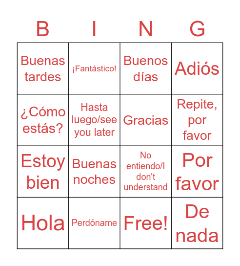 Greeting in Spanish Bingo Card