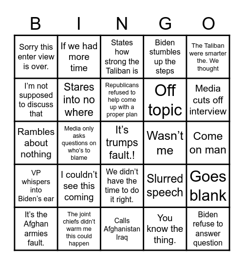 Biden Afghanistan excuse Bingo Card