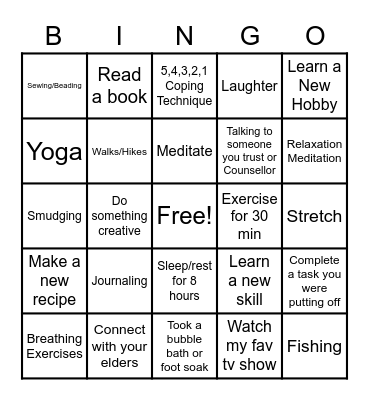 Stress Management Bingo Card