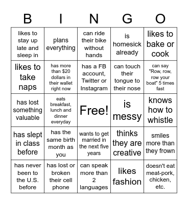 Getting to Know Your Classmates Bingo Card