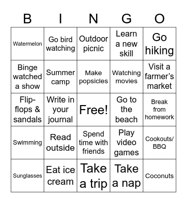 Summer time Bingo Card
