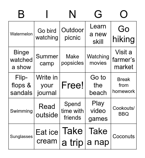 Summer time Bingo Card