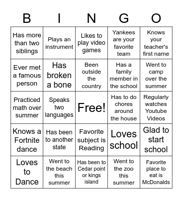 First Day of School Bingo Card