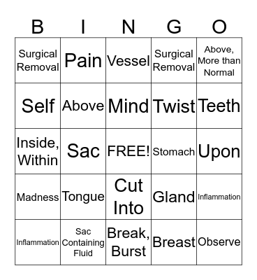 Medical Terminology Bingo Card