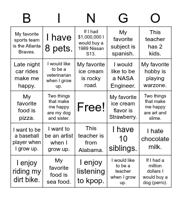 Get to Know Your Classmates Bingo Card