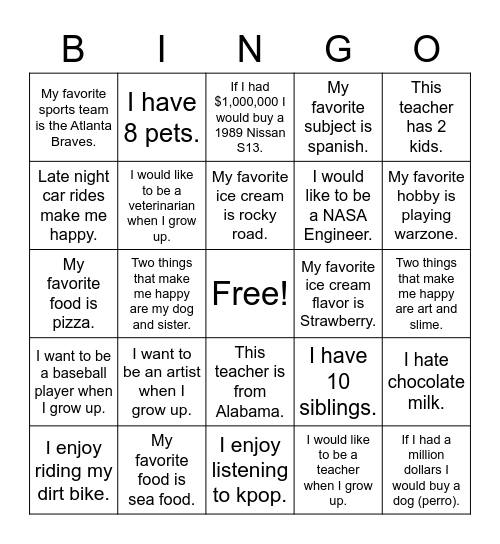 Get to Know Your Classmates Bingo Card