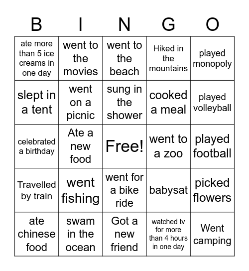 This summer I ... Bingo Card