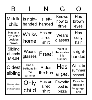 Classmate Bingo Card