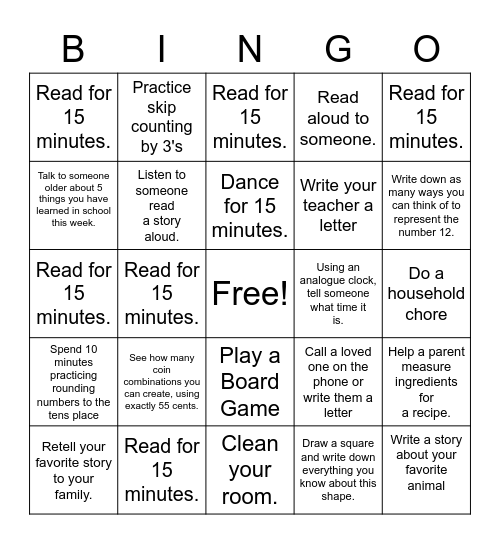 Aug 16 - 20th Homework Bingo Card