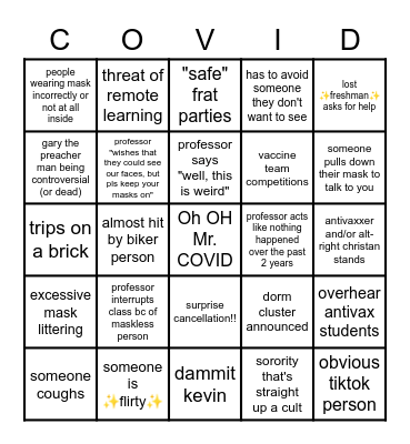 College COVID Experience (UNC Edition) Bingo Card