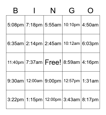 Telling Time Bingo Card