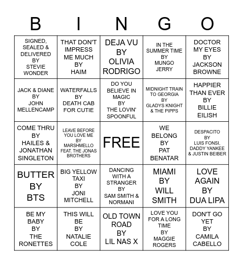 SONGS OF THE SUMMER Bingo Card