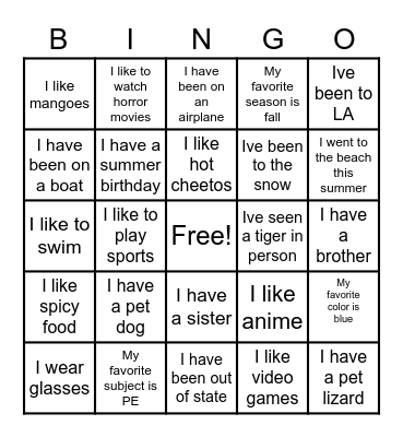 Get to Know Me Bingo Card