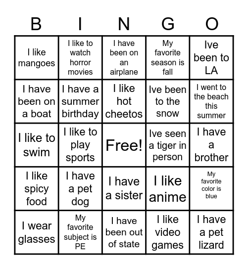 Get to Know Me Bingo Card