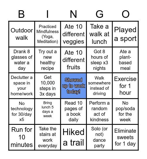 Wellness Bingo Challenge Bingo Card