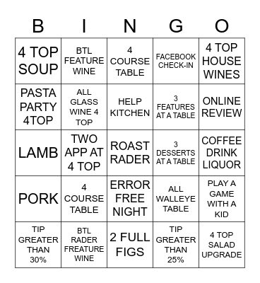 BELLA VITA Bingo Card