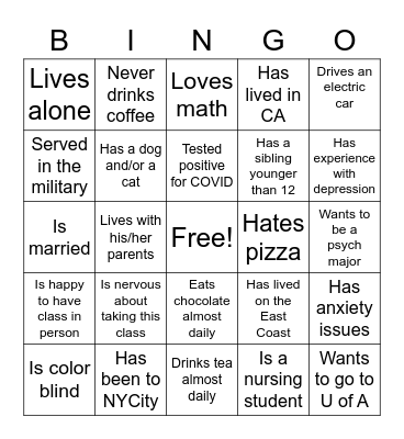 PSY 101 First Day Bingo! Bingo Card