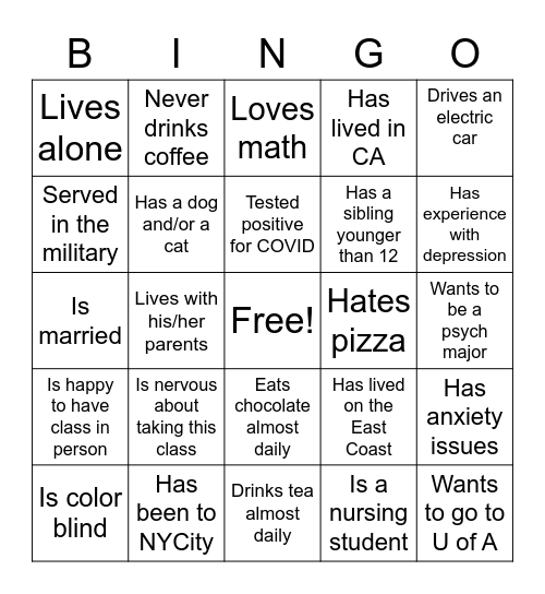 PSY 101 First Day Bingo! Bingo Card