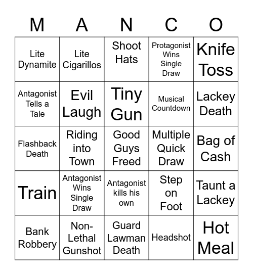 For a Few Dollars More Bingo Card