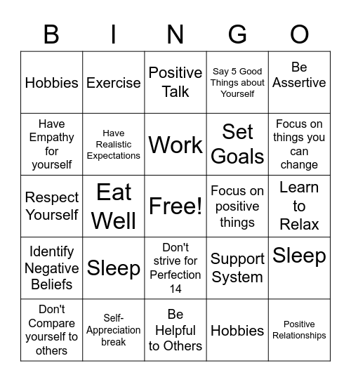 Self Appreciation Bingo Card