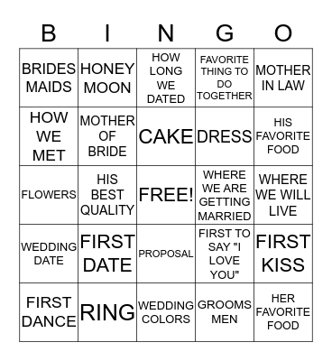 Wedding Bingo Card