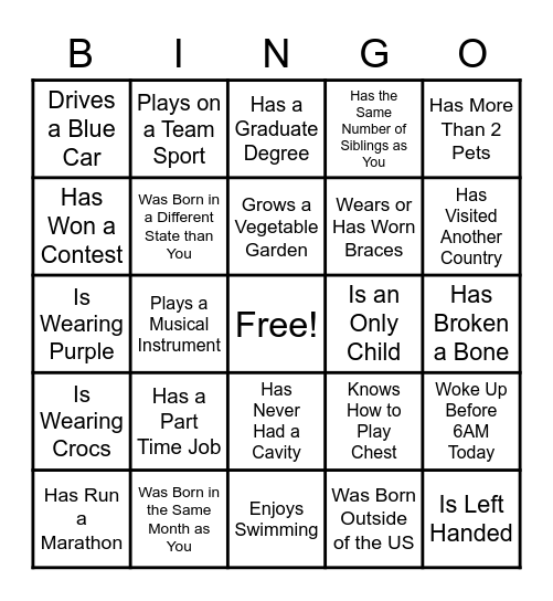 Get To Know You Bingo Card
