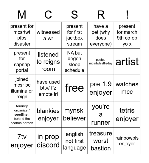 mcsr bingo Card