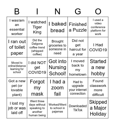 Impacts of COVID19 Bingo Card