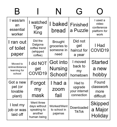 Impacts of COVID19 Bingo Card