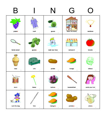 E Vocabulary Bingo Card