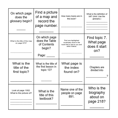 Textbook Scavenger Hunt Bingo Card