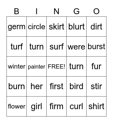 Bingo: er, ur, ir Bingo Card