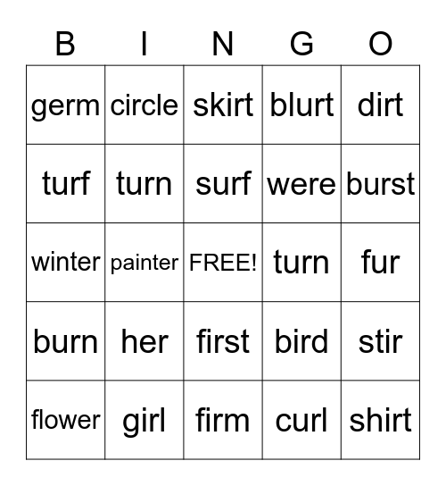 Bingo: er, ur, ir Bingo Card