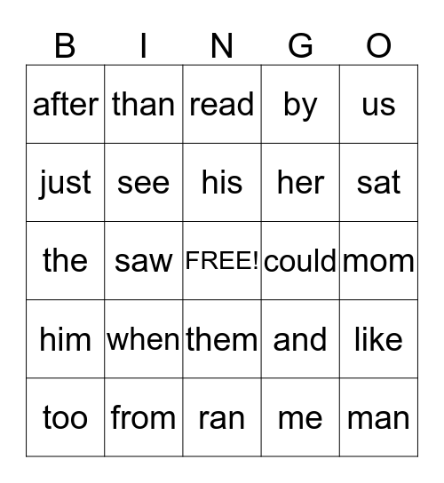 Sight Word Bingo Card