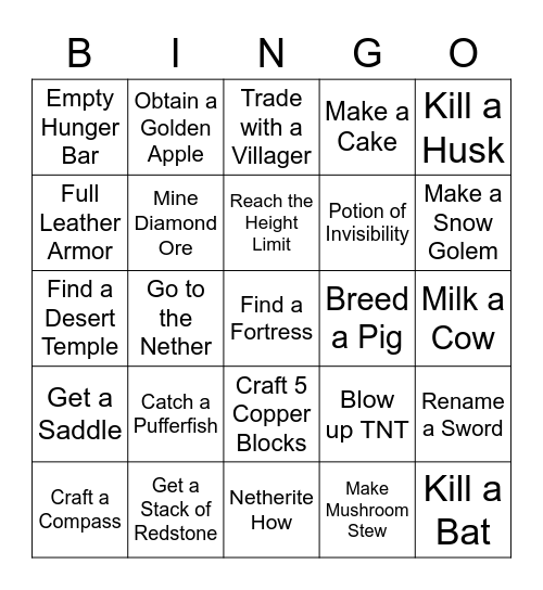 Minecraft Lockout Bingo Card