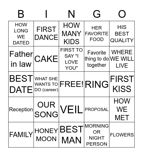 Wedding Bing Bingo Card