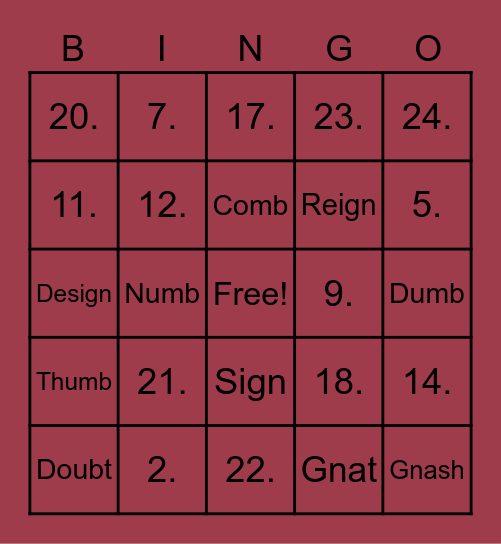 SILENT LETTERS - BINGO Card