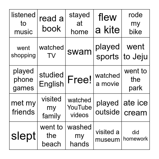 What did you do this summer? Bingo Card