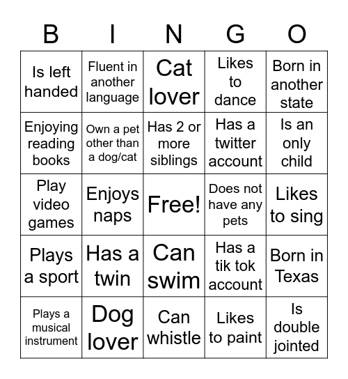 8th grade Icebreaker BINGO Card