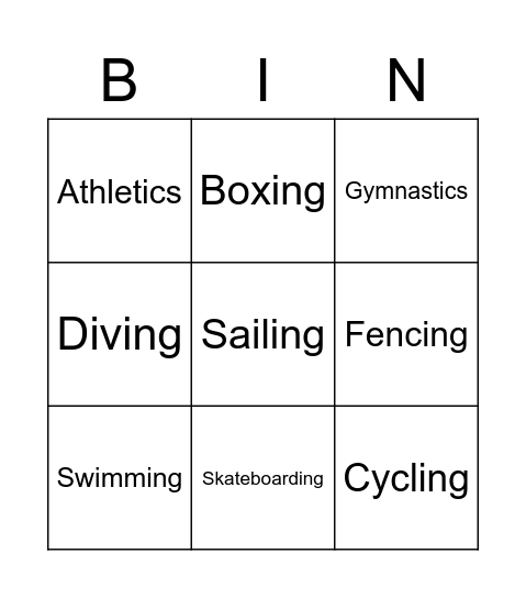 Olympics Bingo Card