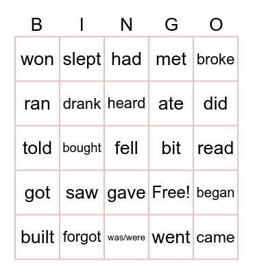 Irregular Verbs Bingo Card