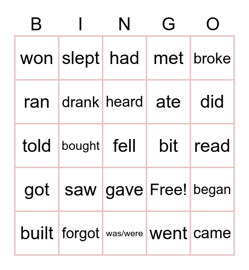 Irregular Verbs Bingo Card