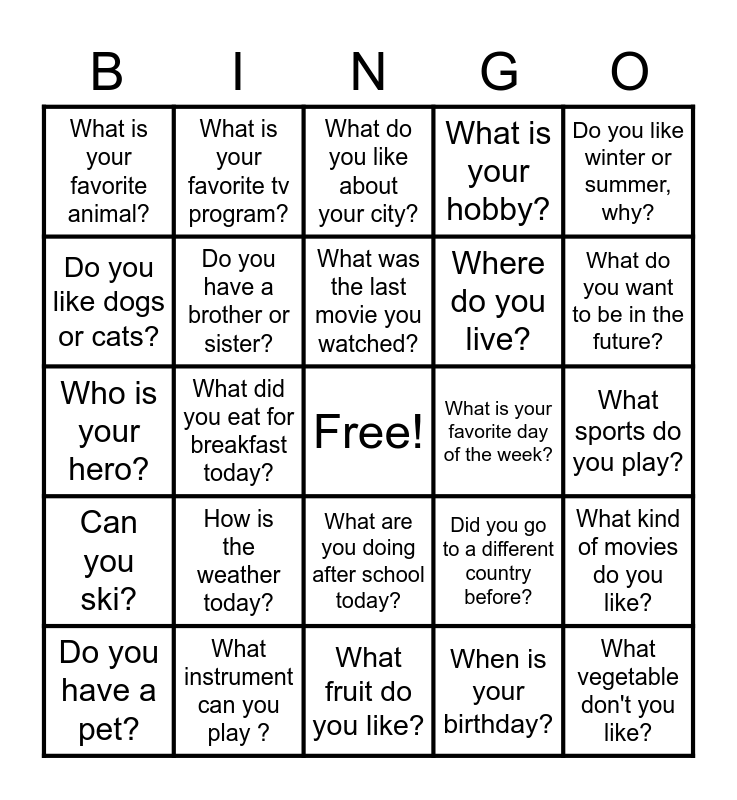ESL Conversation Bingo Card