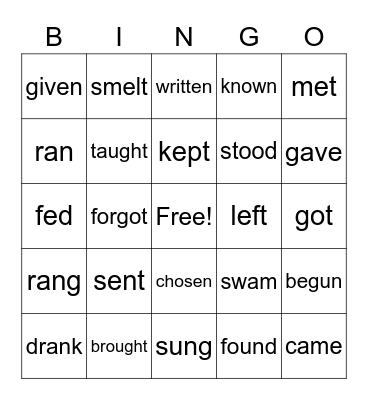 Irregular Verbs Bingo Card