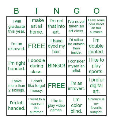 First Day Art Class Bingo!! Bingo Card