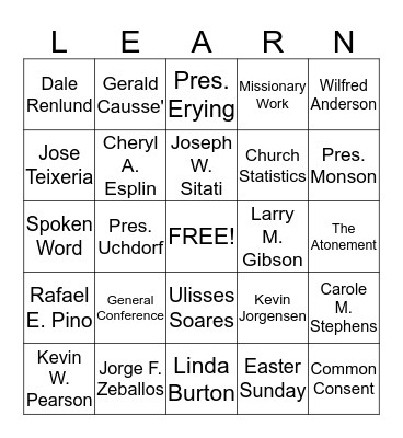 LDS Bingo  Bingo Card